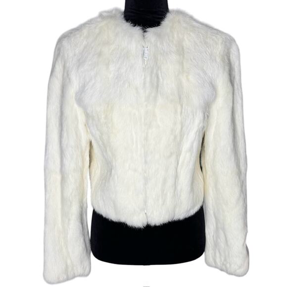 BEBE Ivory Cream Rabbit Fur Cropped Zip-up Jacket Lined Coat size Small - Picture 3 of 13